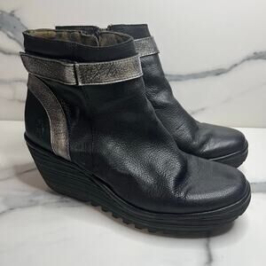 Fly London Women's Black Silver Metallic Size Zip Wedge Yado Boot Sz 41 Sz 9.5